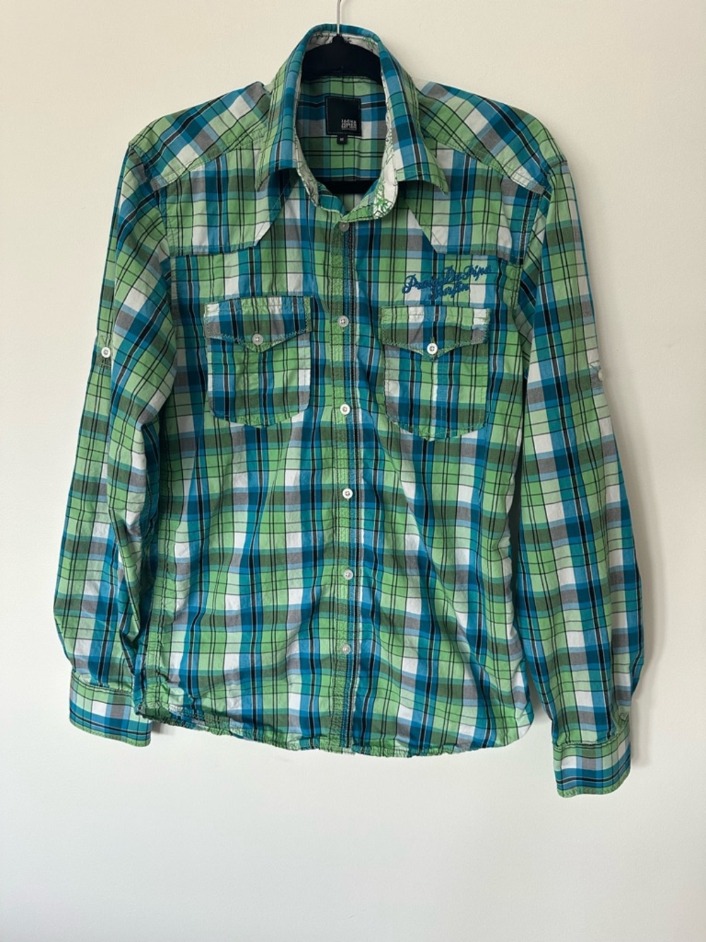 Jack & Jones Plaid Rockabilly Western Shirt Mens Medium Green Blue Retro Y2K Top - Picture 5 of 11